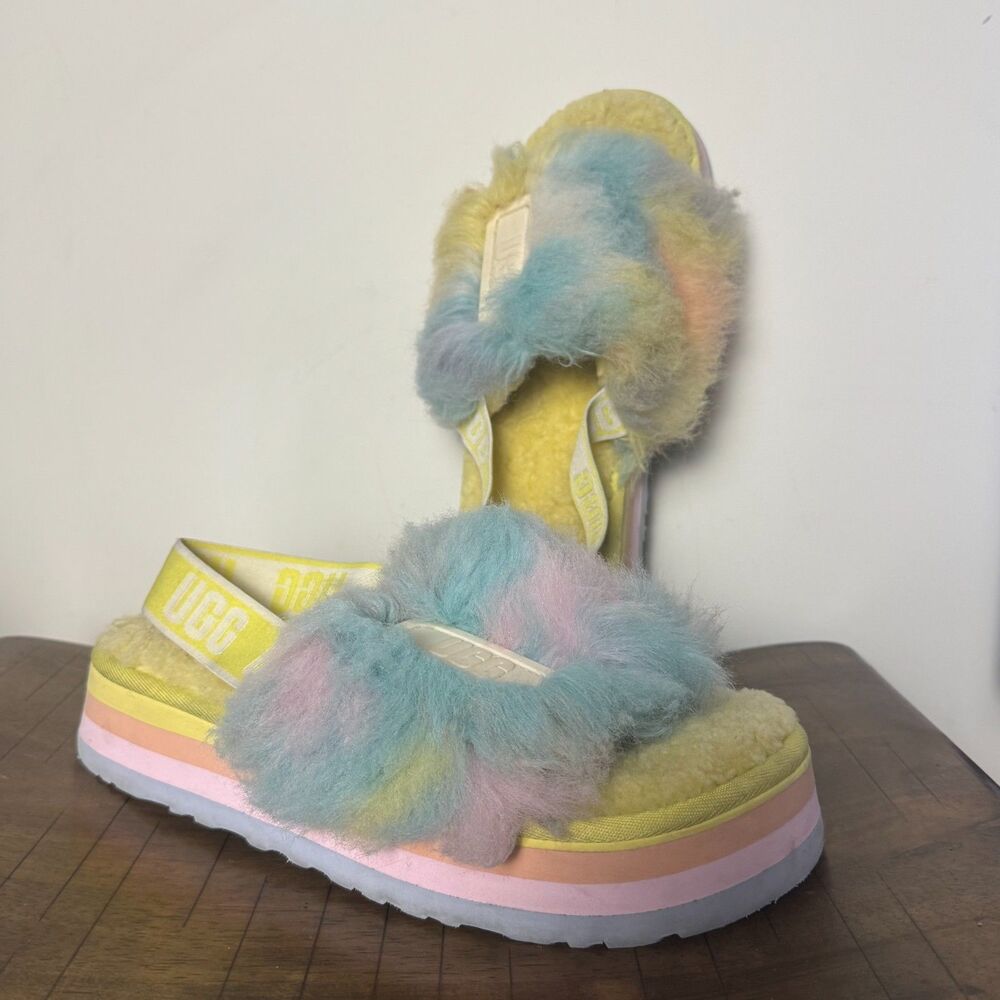 UGG Pastel Rainbow Fuzzy Platform Sandals Women 11 Fluffy Cozy Slingback